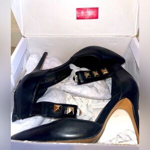 ALDO Black Heels with Gold Studded Ankle Strap (Size 8)